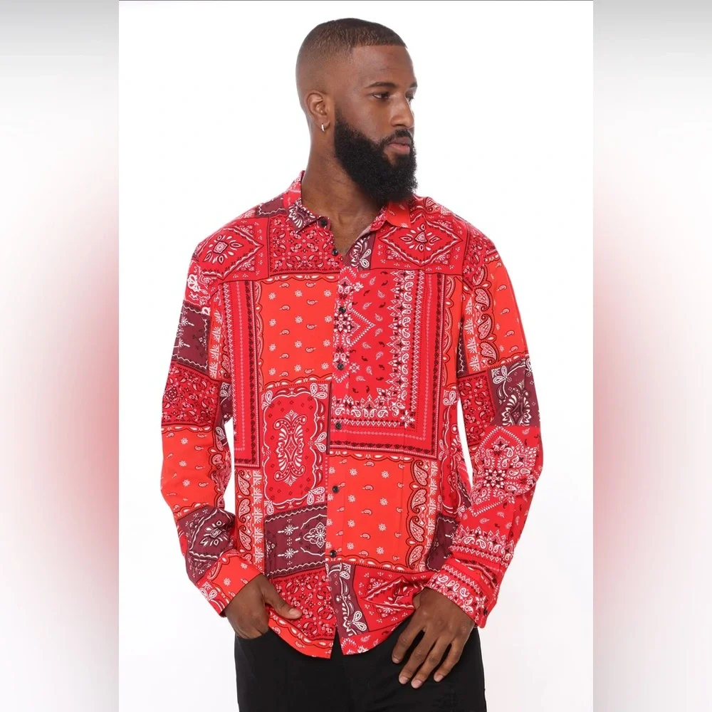 red bandana dress shirt Red Bandana Patchwork Shirt